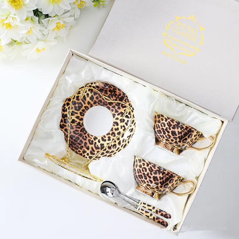 Retro Leopard Print Bone China Coffee Cup Set European Luxury Afternoon Tea Cup Set Ceramic Cup and Dish