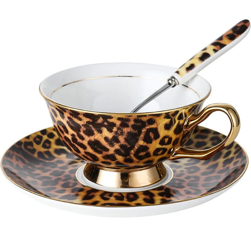 Retro Leopard Print Bone China Coffee Cup Set European Luxury Afternoon Tea Cup Set Ceramic Cup and Dish