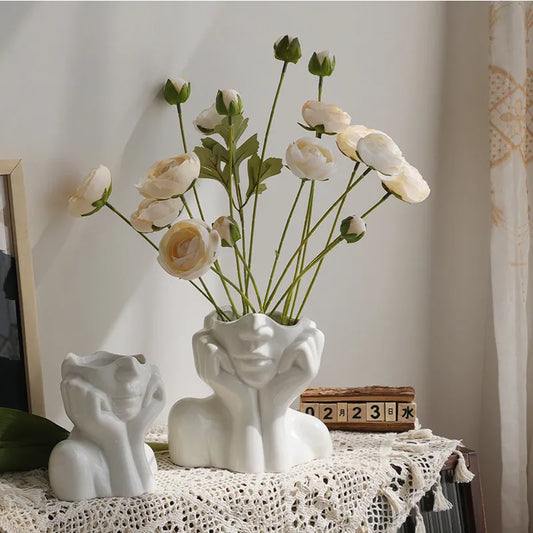 Nordic Style Flower Vase Women Body Half Face Flower Pot Vase Ceramic Art Crafts Bedroom Living Room Desktop Decoration