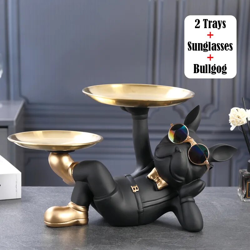 Resin Home Decor Dog Statue Butler with Tray Live Room French Bulldog Figurines Table Ornaments Decorative Dog Sculpture Gift