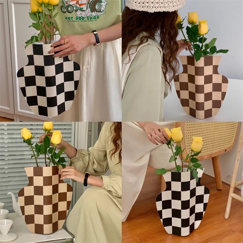 Decorative Irregular Checkerboard Vase Living Room Desktop Flower Pot Nordic Ornaments Flowers Organizer for Dining Room Kitchen