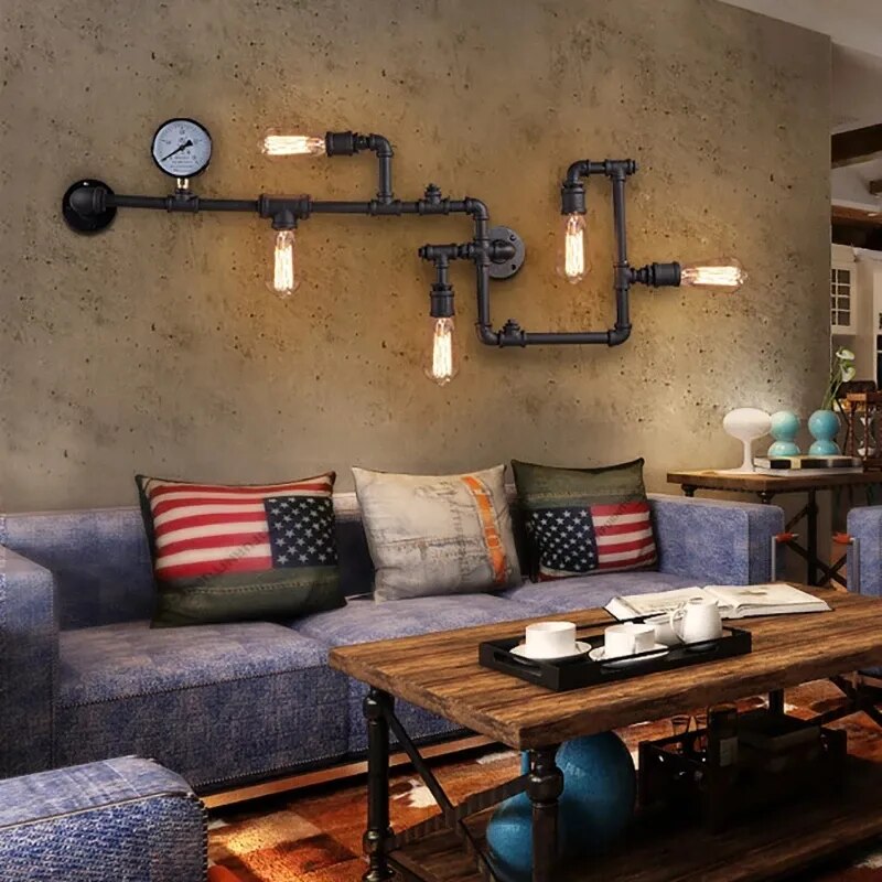 American Retro LOFT Industrial Wall Lamp Iron Art Decor Water Pipe Gear