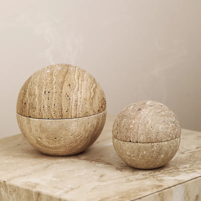 Natural Beige Travertine Marble Stone 9 Holes Sphere Incense Burner Arabian Mubkhar Wood Plate Container Tabletop Incense Holder