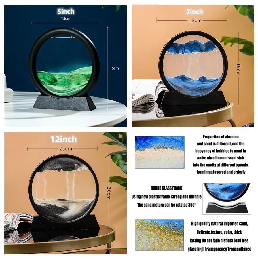 3D Moving Sand Art Picture Round Glass Deep Sea Sandscape Hourglass Quicksand Craft Flowing Sand Painting Office Home Decor Gift