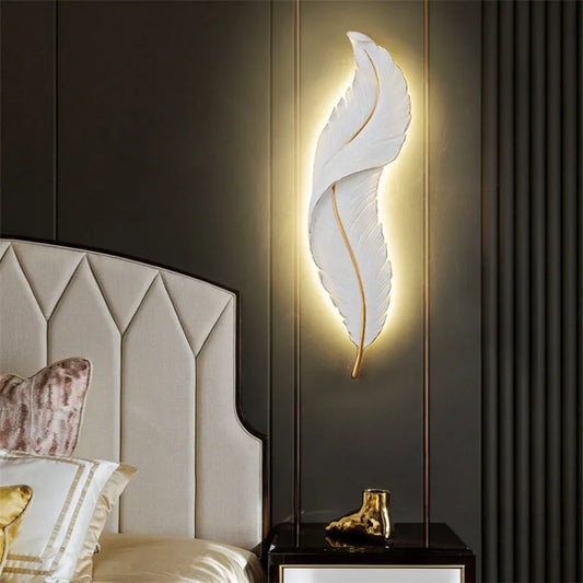 Nordic white wall light Decorative Luxury feather lamp Bedroom LED designer resin lights Bedside Simple minimalistic wall light