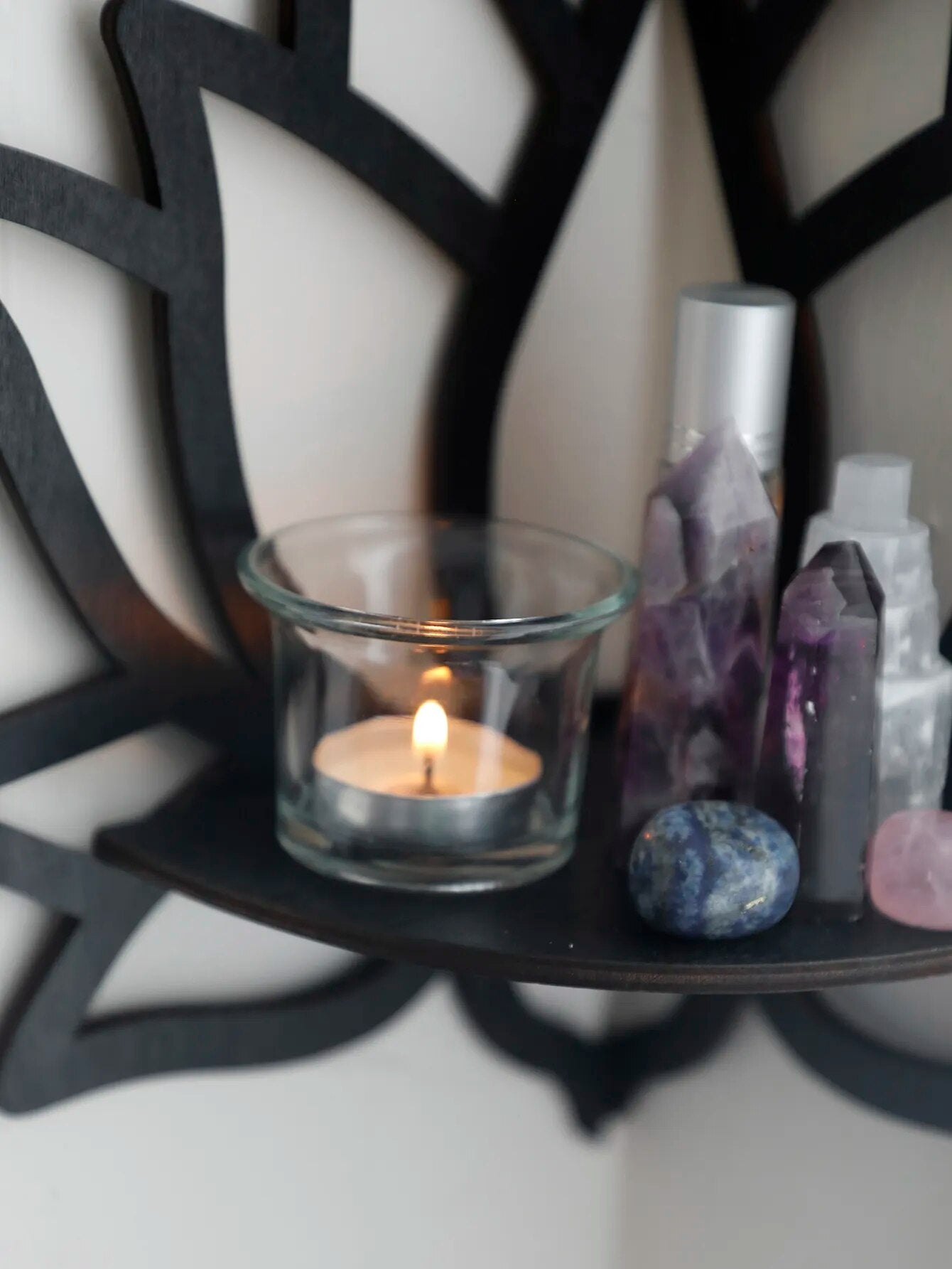 Lotus Crystal Corner Shelf Crystal Shelf Display Black Wooden Wall Shelves Essential Oil Shelf Witchy Decor Aesthetic Spiritual