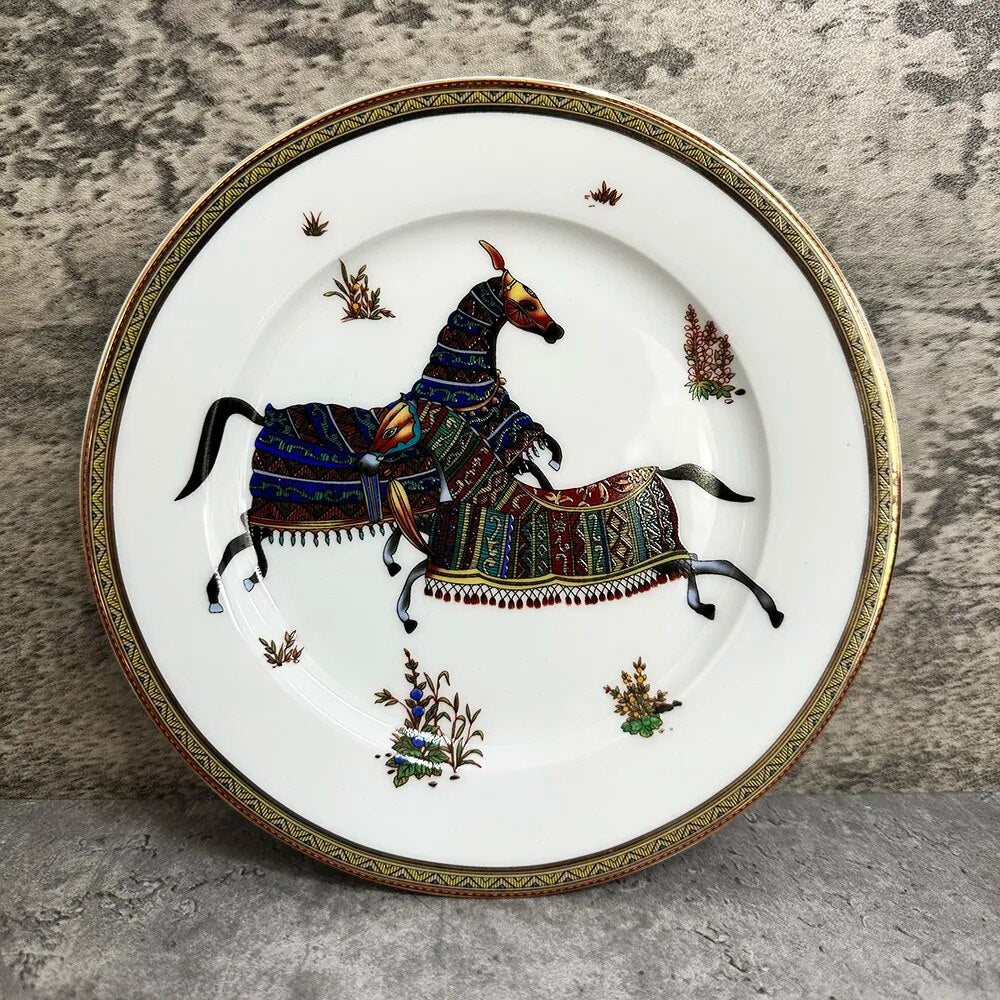 Luxury Horse Round  Dinner Plates Matte Ceramic Flat Steak Trays Beef Spaghetti Dishware Tableware Dessert Salad Kitchen Tablewe