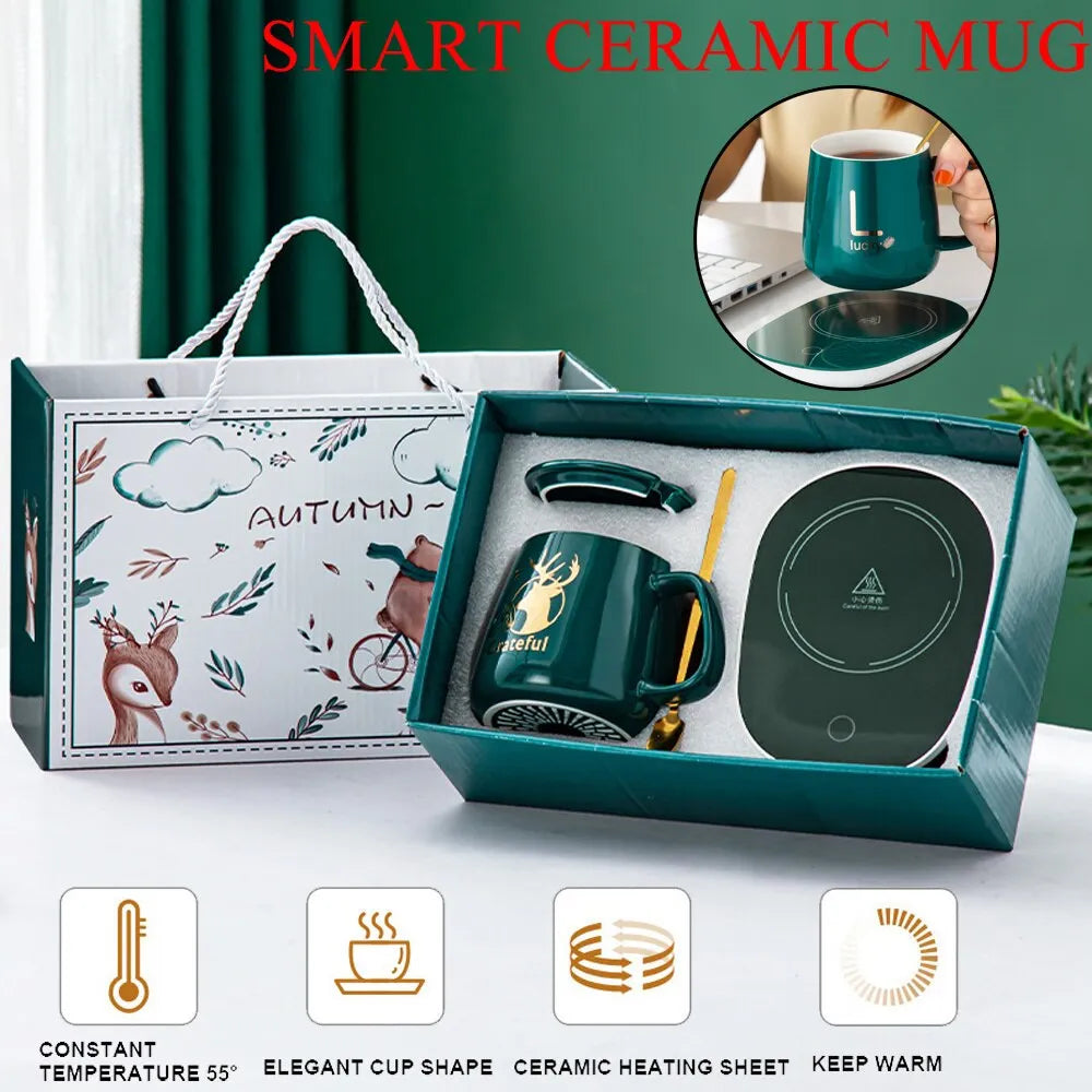 Smart Ceramic Mug Heater Cup Coaster Warmer Thermostatic Coffee Heating Electric Mug Set Milk Tea Heating Water Home Office Gift