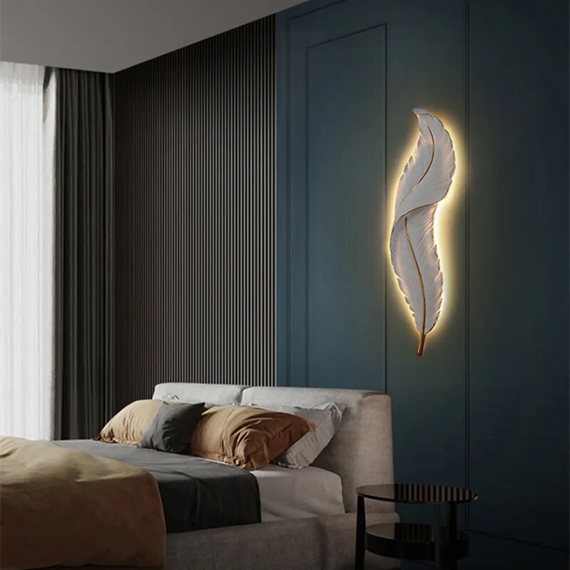 Nordic white wall light Decorative Luxury feather lamp Bedroom LED designer resin lights Bedside Simple minimalistic wall light