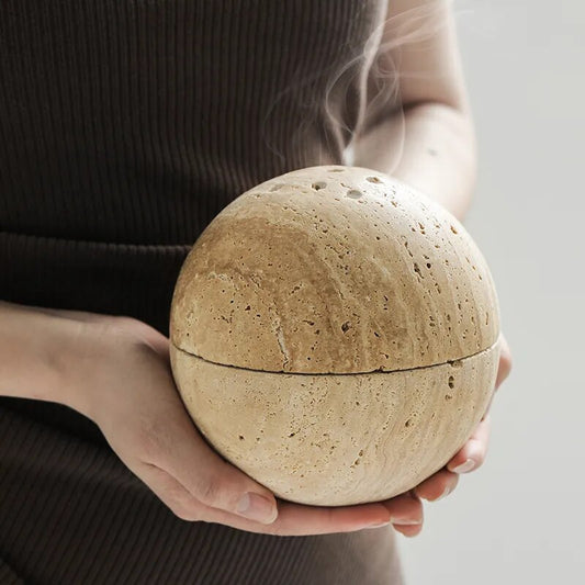 Natural Beige Travertine Marble Stone 9 Holes Sphere Incense Burner Arabian Mubkhar Wood Plate Container Tabletop Incense Holder