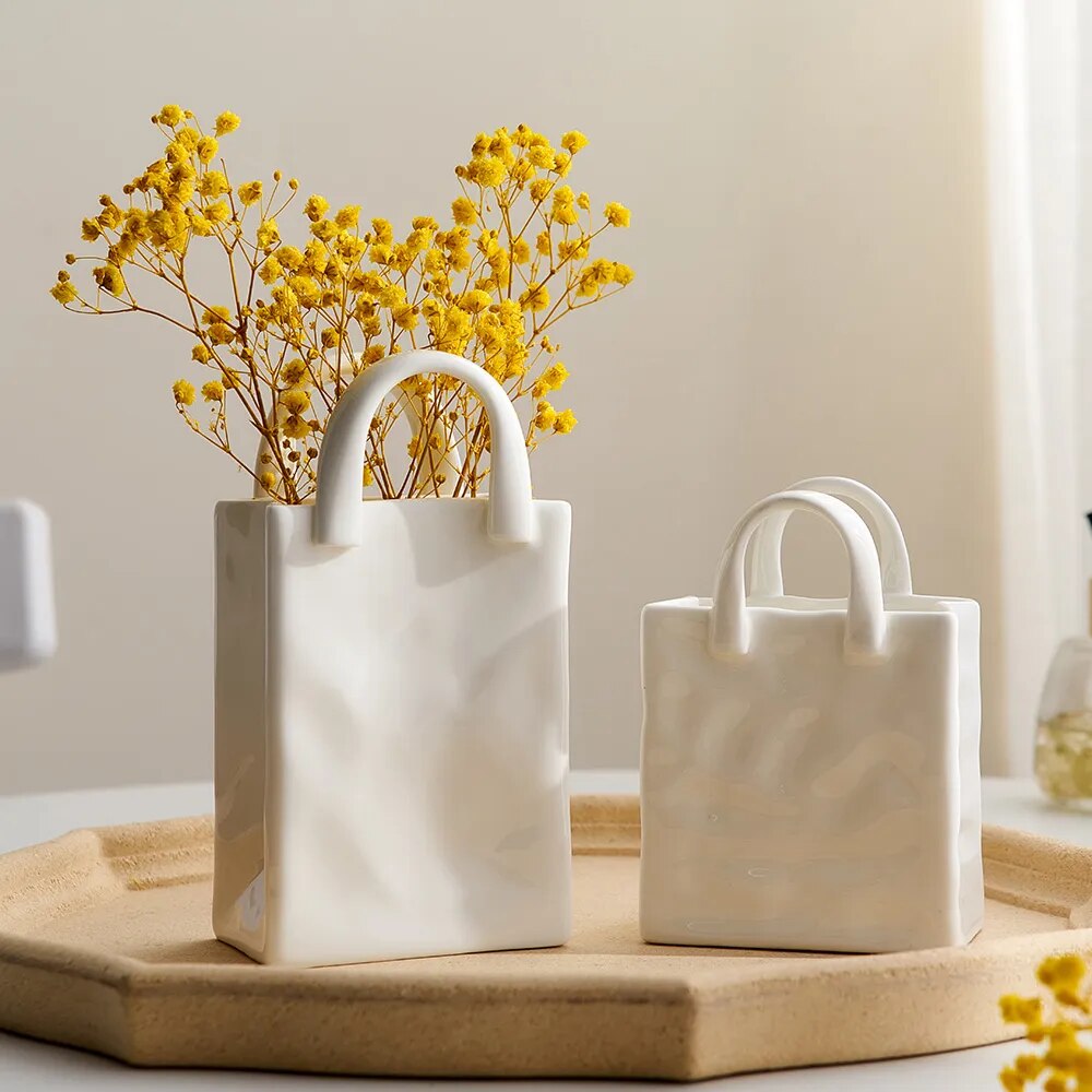 Nordic Decorative White Vase Handbag Ceramic Vase Decoration Home Flowers Table Decoration Accessories Room Decor Vase Gift