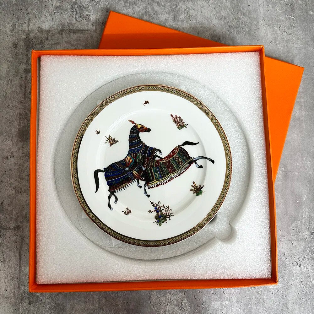 Luxury Horse Round  Dinner Plates Matte Ceramic Flat Steak Trays Beef Spaghetti Dishware Tableware Dessert Salad Kitchen Tablewe