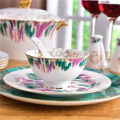 European-Style ICA Colorful Bowl and Dish Set Household Plate Model Room High-End Luxury Bone China Gift Luxury Dinner Plate