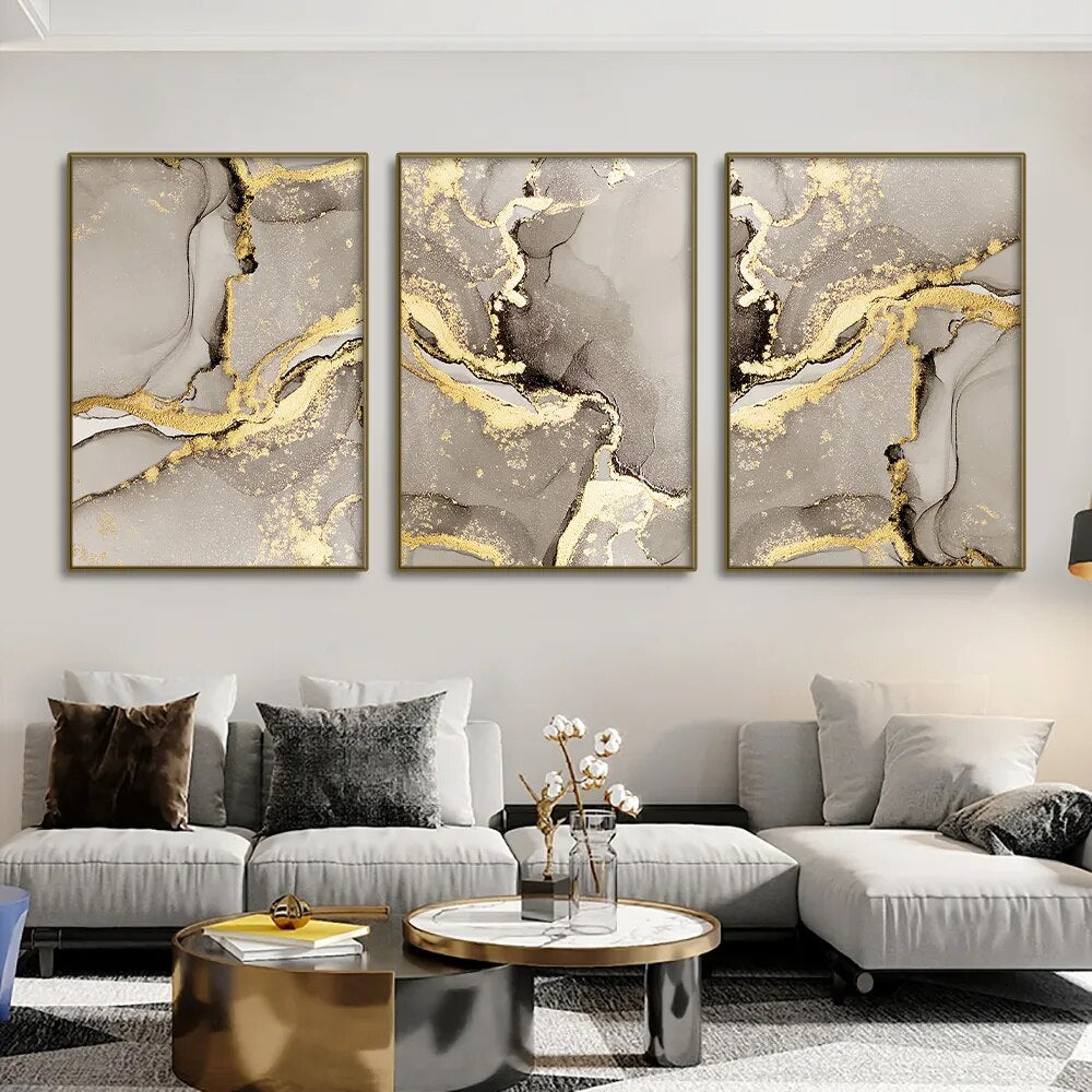 Marble Beige Gold Abstract Wall Art Posters Luxury Canvas Painting Prints Pictures Modern Living Room Interior Home Decoration