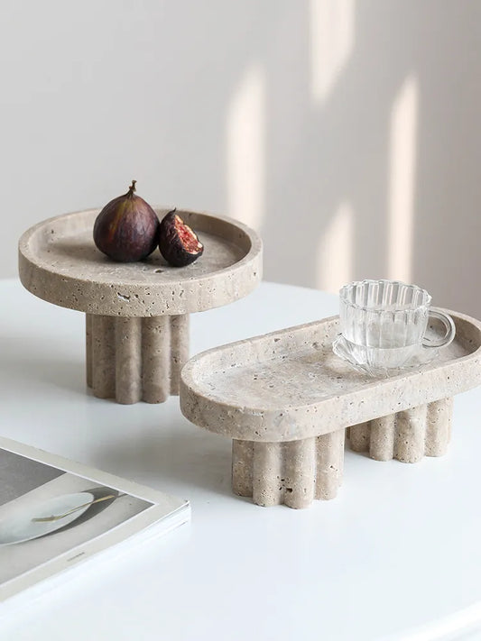 Beige Travertine Marble Serving Tray with Leg Cup Cake Stand Set Luxury Stone Cosmetics