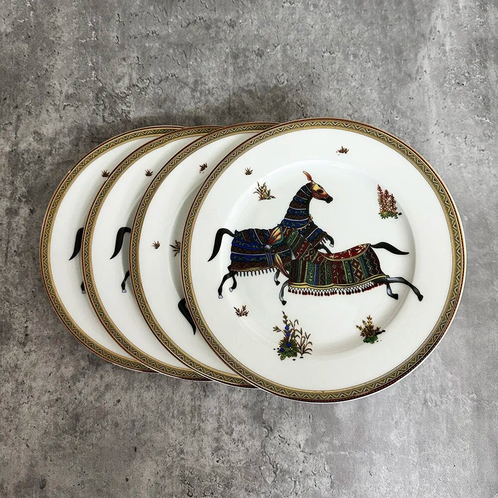 Luxury Horse Round  Dinner Plates Matte Ceramic Flat Steak Trays Beef Spaghetti Dishware Tableware Dessert Salad Kitchen Tablewe